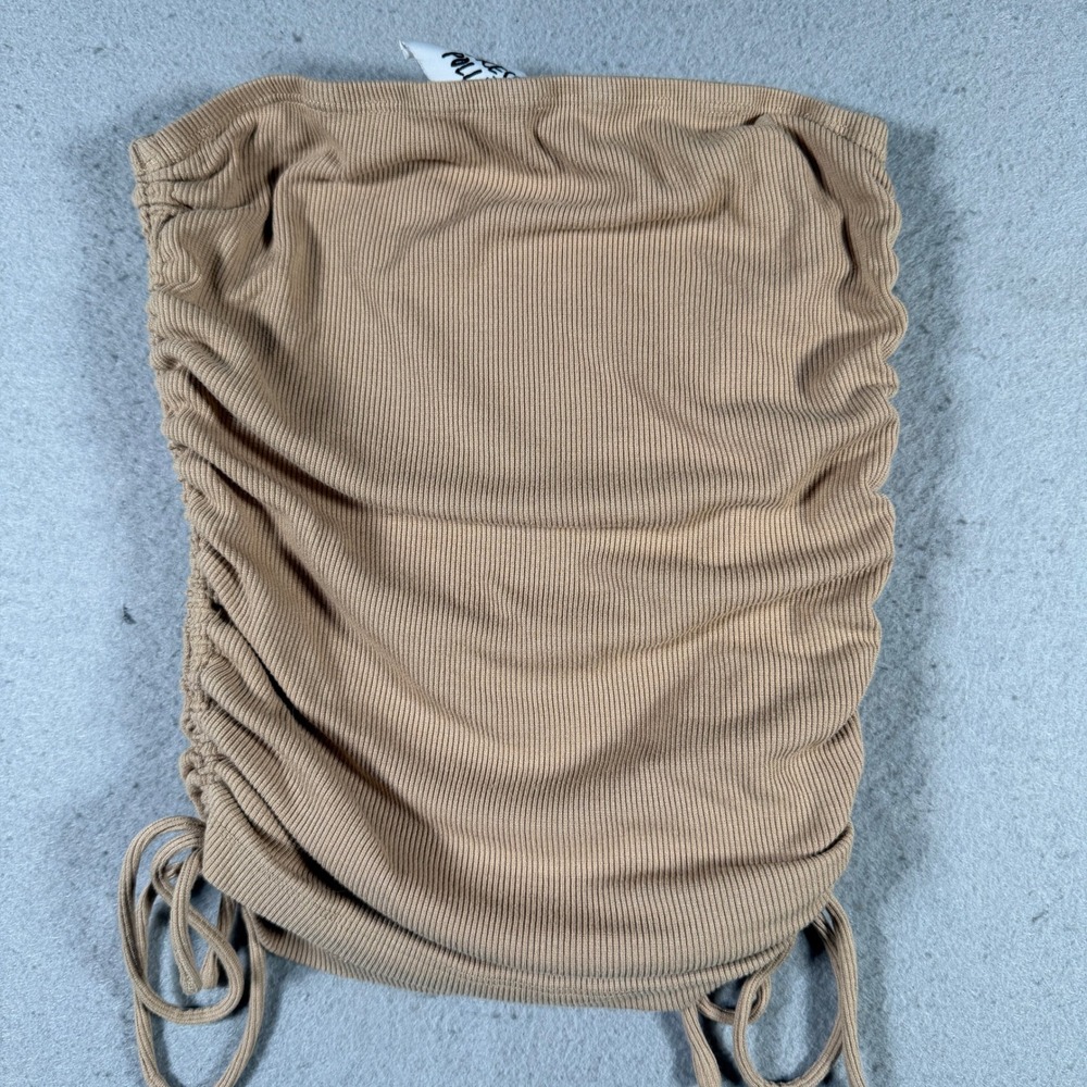 Princess Polly Tan Ribbed Ruched Tube Top Strapless Drawstring Crop Top Size 2